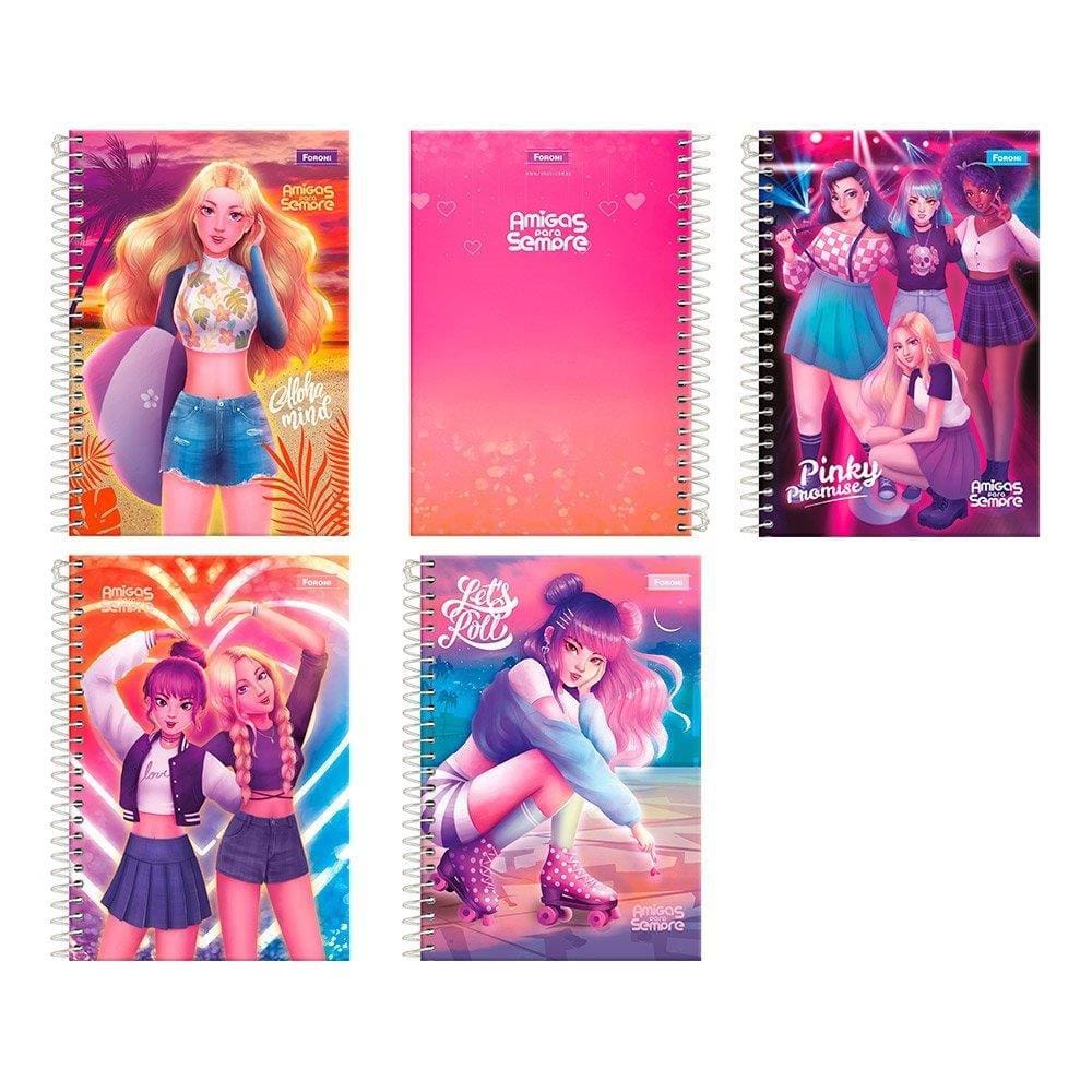 Caderno Espiral Foroni 1/4 Capa Dura Amigas para Sempre 80 Folhas - Embalagem c/ 5 Unidades