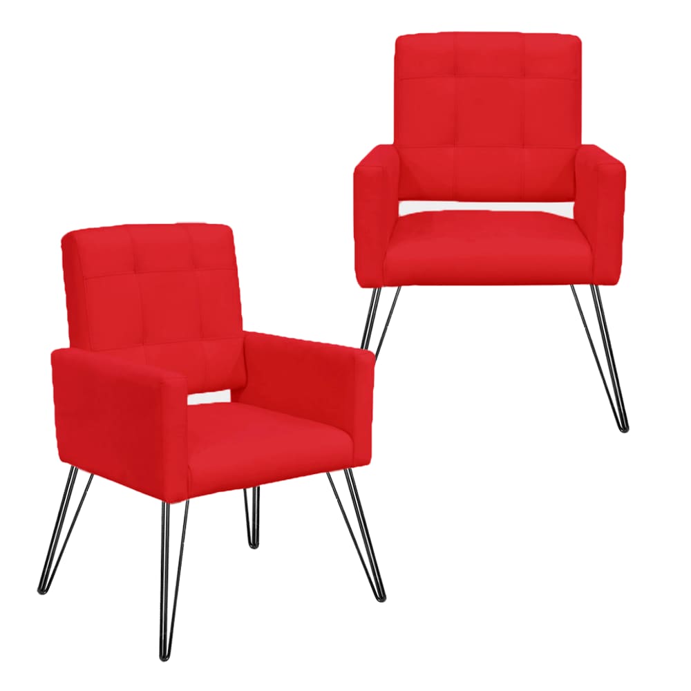 Combo 2 Poltronas Decorativas Para Escritório Pés de Ferro Camila Corano Vermelho - LM DECOR