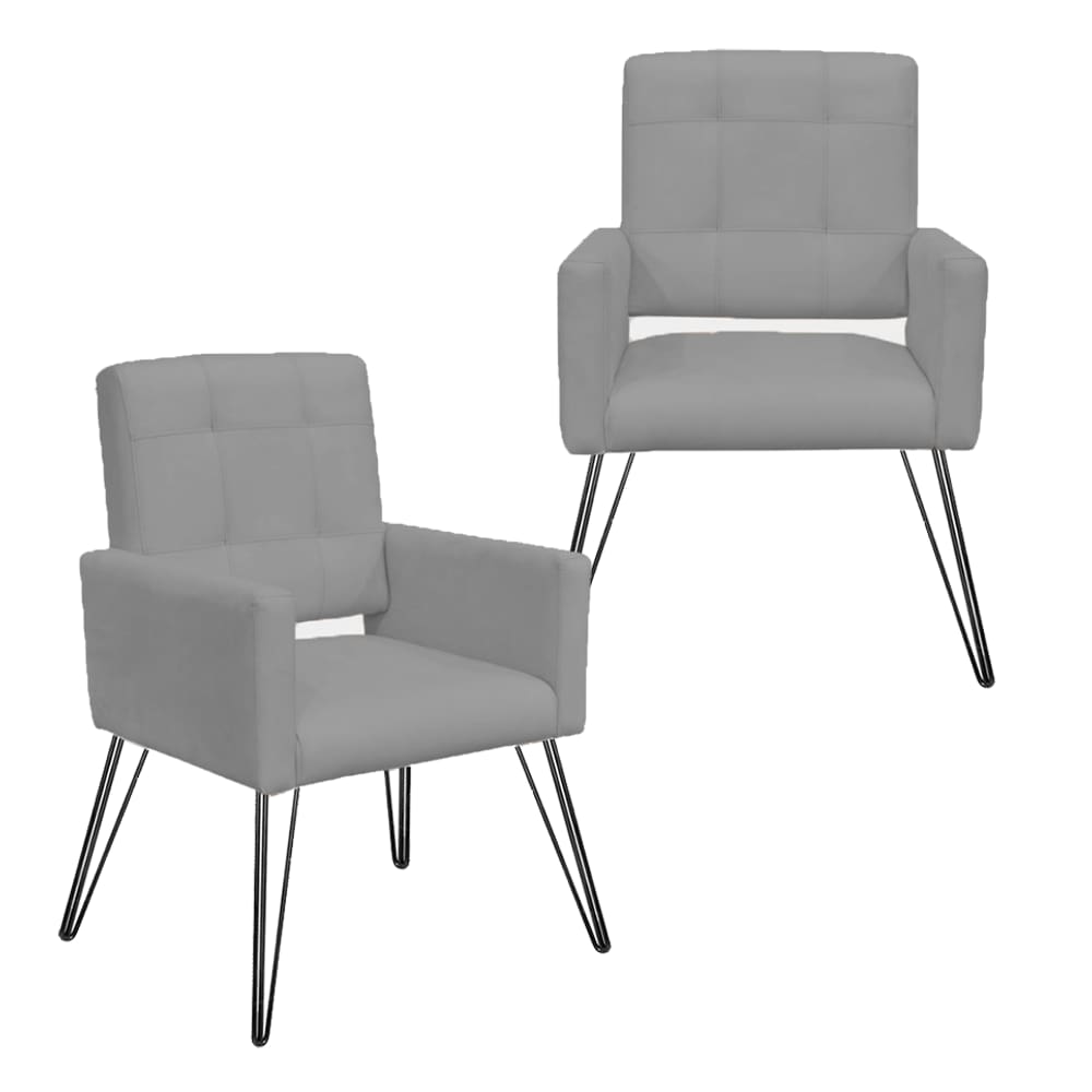 Jogo 2 Poltronas Decorativas Para Quarto Closet Pés de Ferro Camila Suede Cinza - LM DECOR