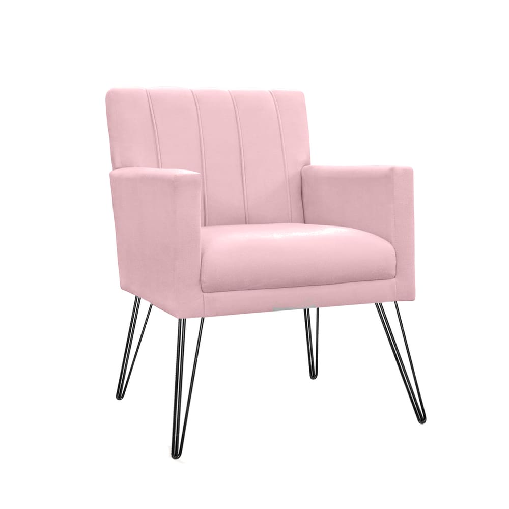 Poltrona Estofada Para Hall de Entrada com Pés de Ferro Cecília Corano Rosa Bebe - LM DECOR