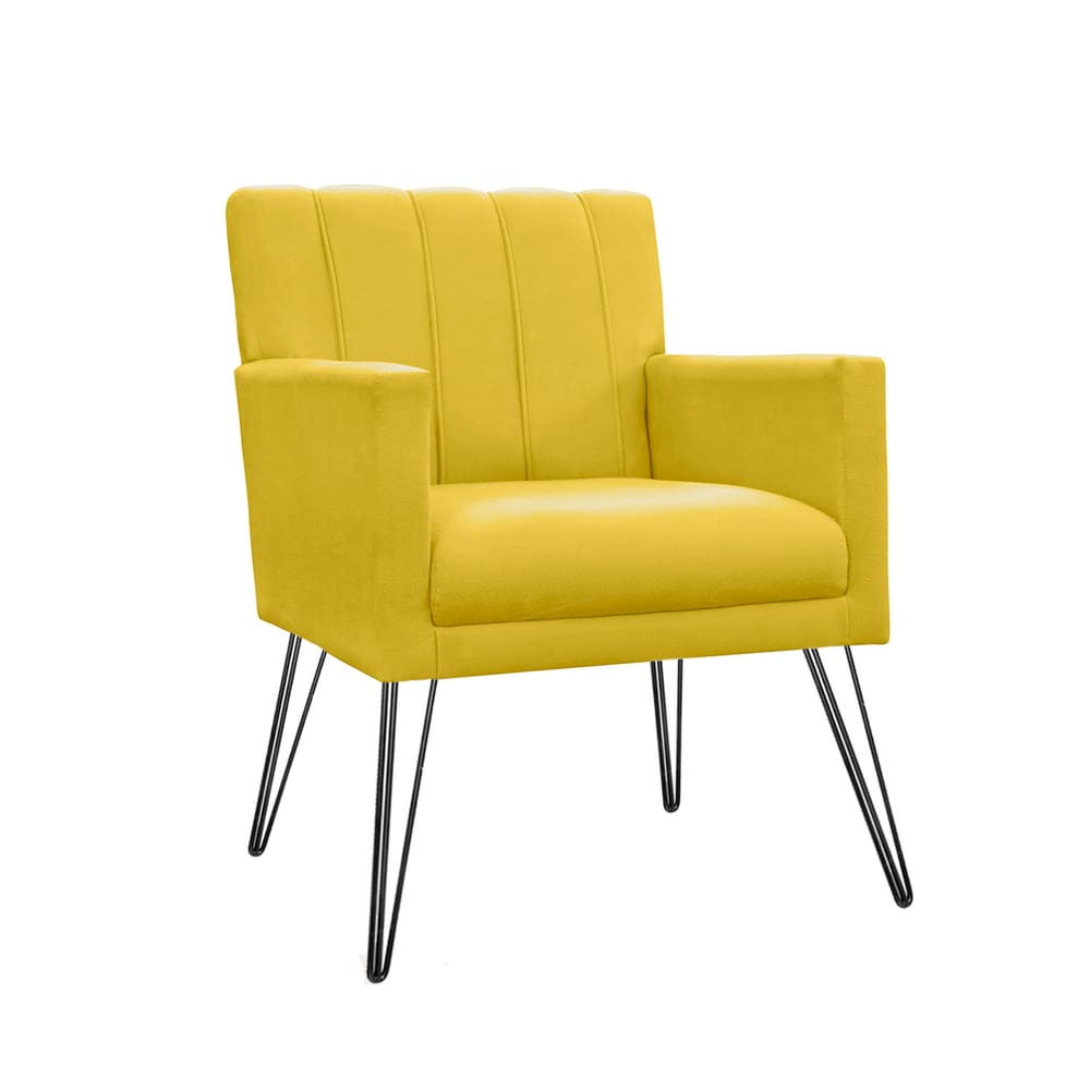 Poltrona Estofada Para Hall de Entrada com Pés de Ferro Cecília Corano Amarelo - LM DECOR