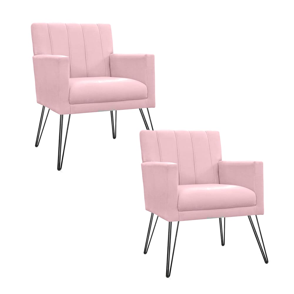 Conjunto 2 Poltronas Estofadas Para Recepção Pés de Ferro Cecília Corano Rosa Bebe - LM DECOR
