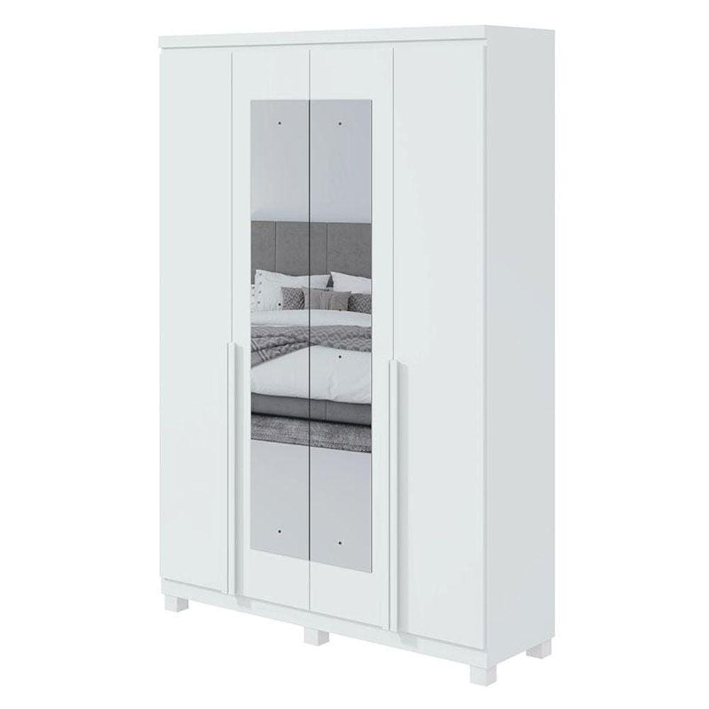 Guarda Roupa Solteiro Alonzo 4 Portas Branco Brilho com Espelho e Pés - Lopas