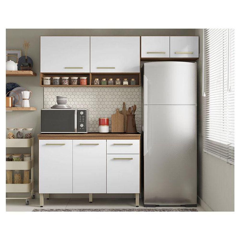 Cozinha Compacta Ambiente Dama Aéreos e Balcão Amêndola Branco - Demóbile