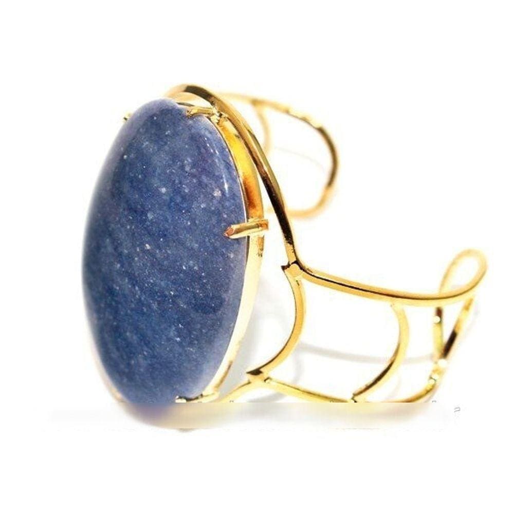 Bracelete Fixo Pedra Quartzo Azul Grande Dourado