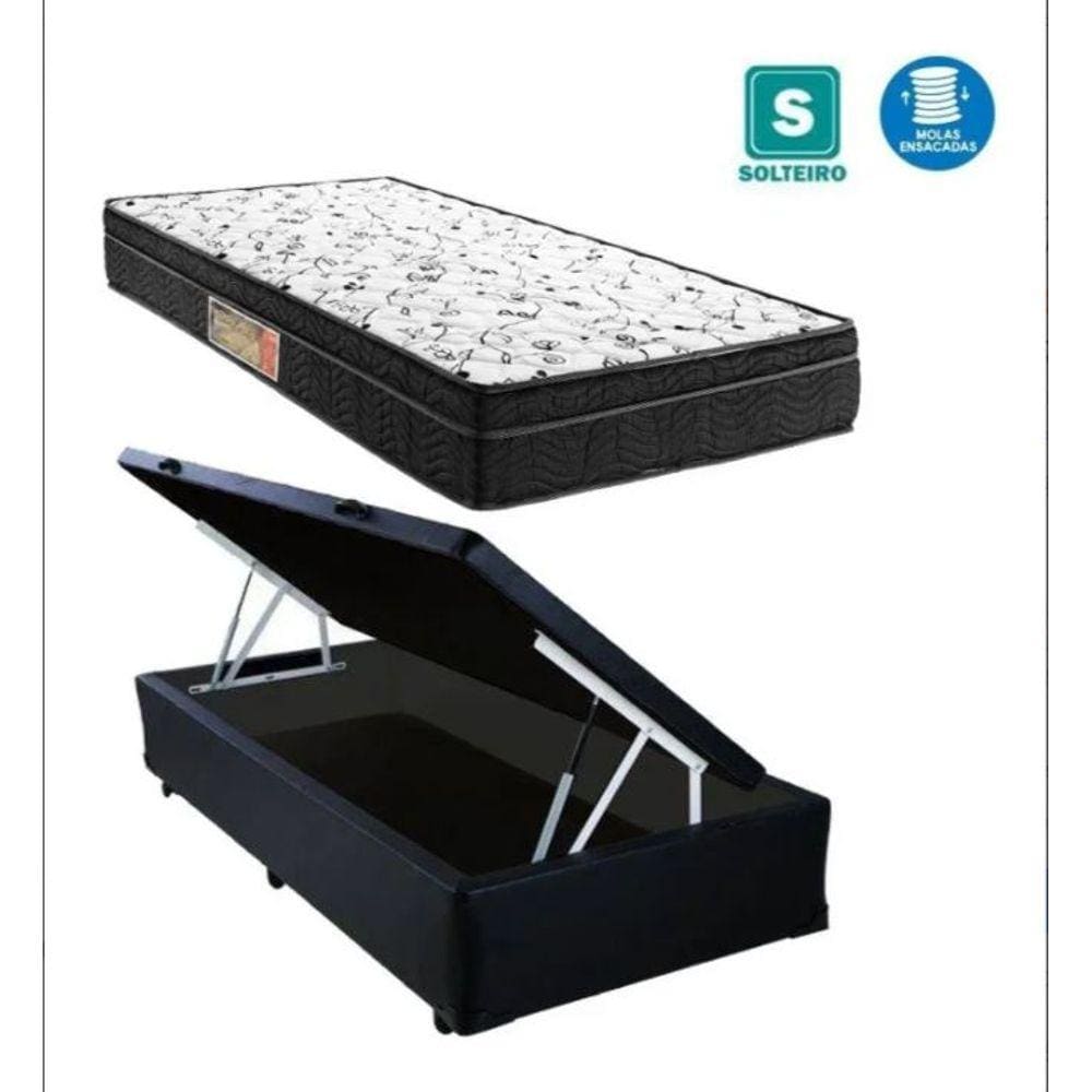 Cama Box Baú Solteiro Sono Suede Preto + Colchão Solteiro Sono Espuma D33 Com EPS 14x88x188