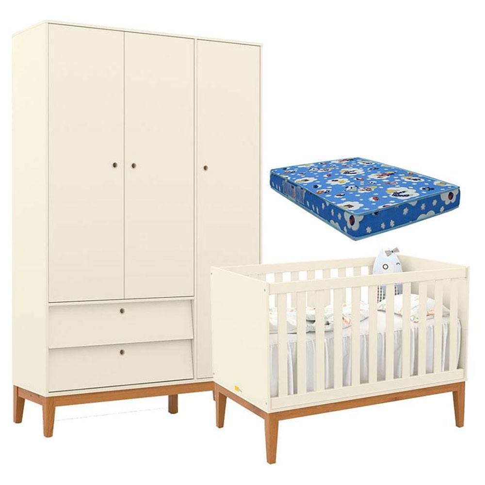 Berço Americano e Guarda Roupa Unique 3 Portas Off White Eco Wood com Colchão Ortobom - Matic