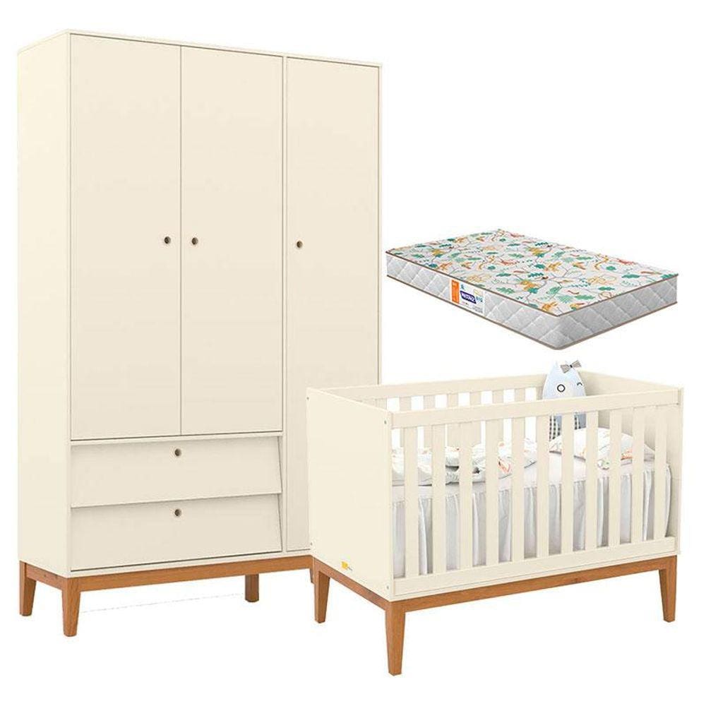 Berço Americano e Guarda Roupa Unique 3 Portas Off White Eco Wood com Colchão Gazin - Matic