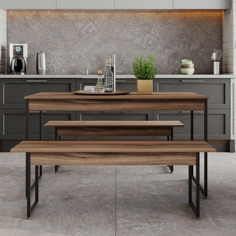 Conjunto Mesa de Jantar Industrial com 2 Bancos - Nogal/Preto