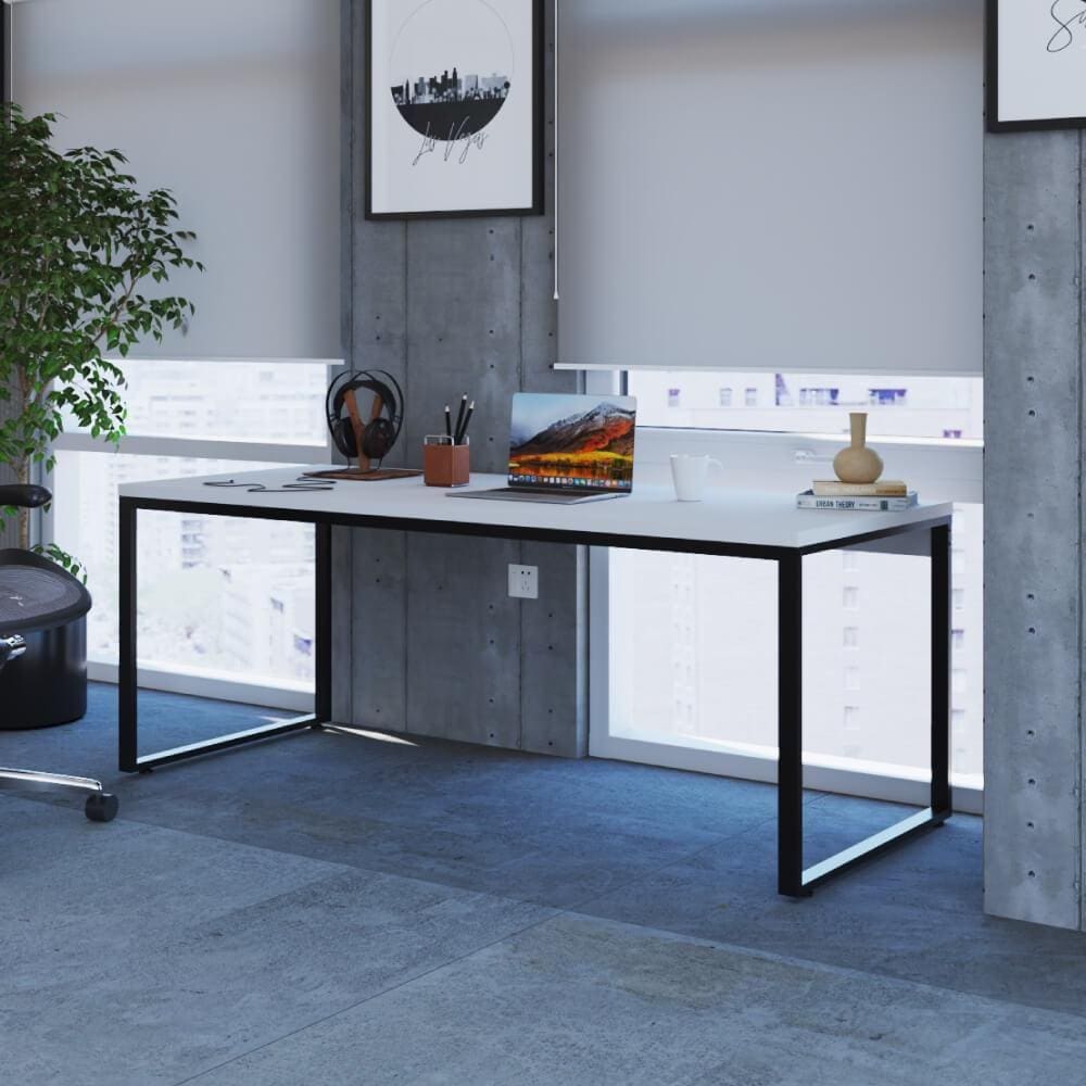 Mesa de Escritório Industrial Kuadra 180 cm - Branco/Preto