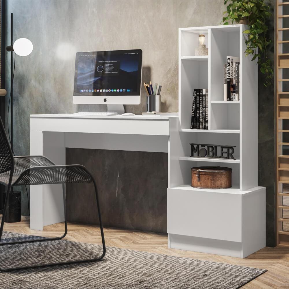 Estante Escrivaninha Lion com 6 Nichos e 1 Gaveta Branco