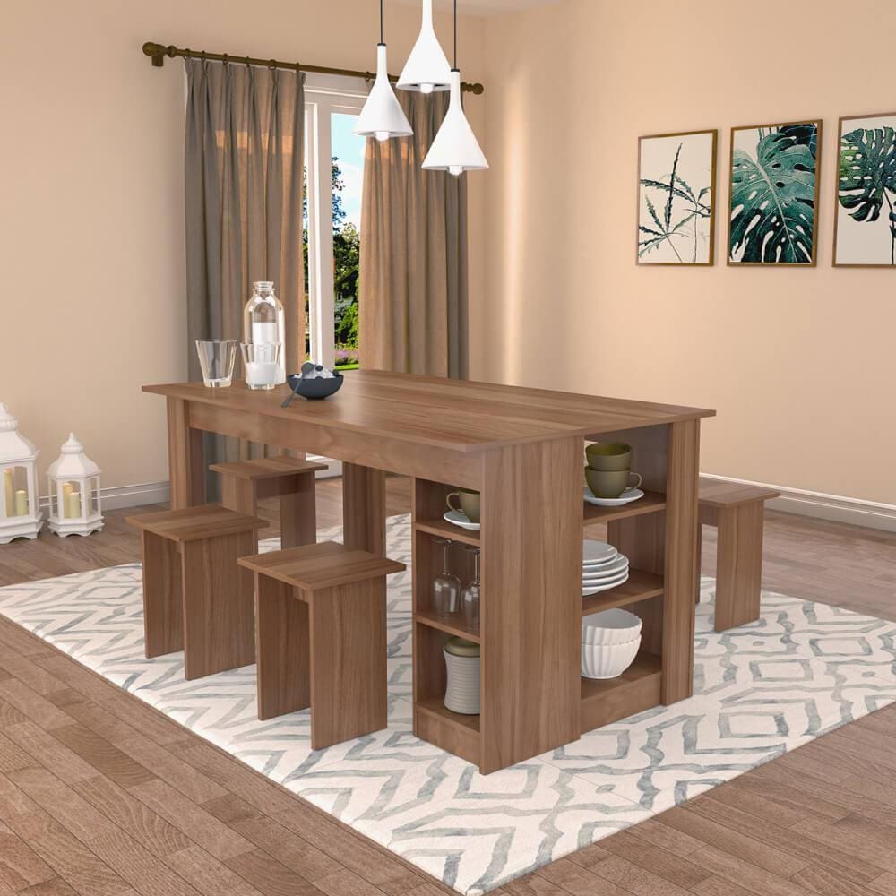 Conjunto de Mesa 140cm c/4 Bancos e 3 Prateleiras - Montana