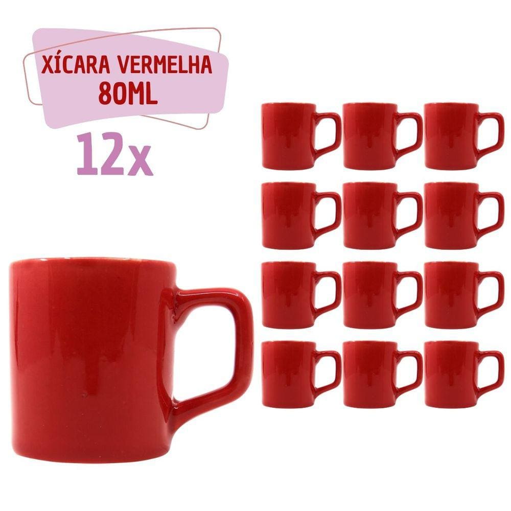 Jogo 12 Xícara Café Cerâmica Colors 80mL Vermelha Vibrante
