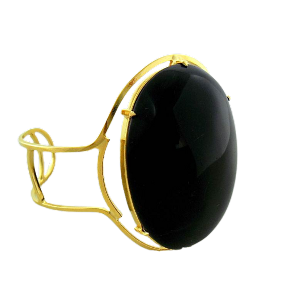 Bracelete Fixo Pedra Onix Preto Grande Dourado Ouro