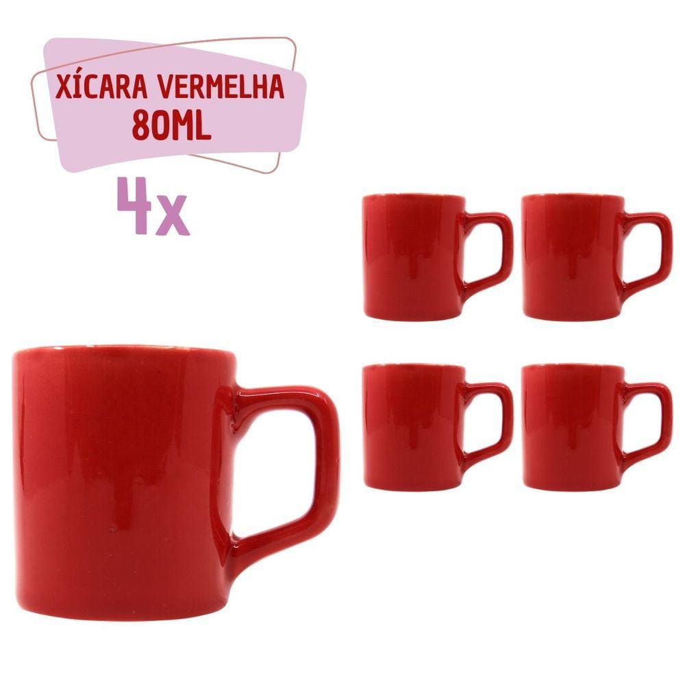 Jogo 4 Xícara Café Cerâmica Colors 80mL Vermelha Vibrante