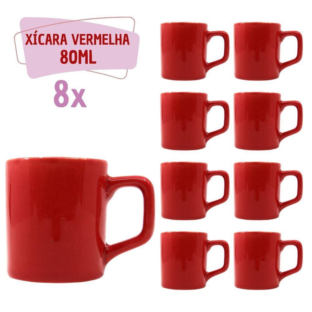 Jogo 8 Xícara Café Cerâmica Colors 80mL Vermelha Vibrante