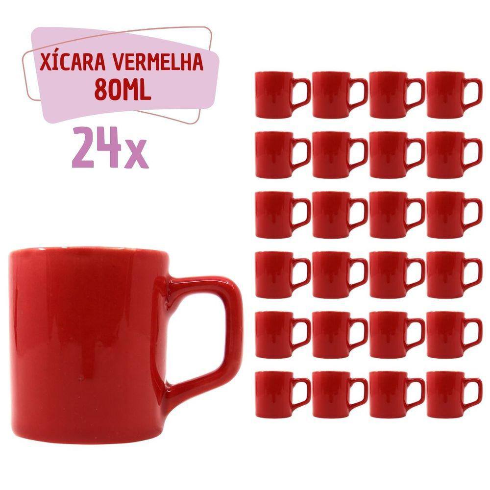 Jogo 24 Xícara Café Cerâmica Colors 80mL Vermelha Vibrante
