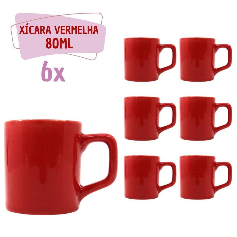 Jogo 6 Xícara Café Cerâmica Colors 80mL Vermelha Vibrante
