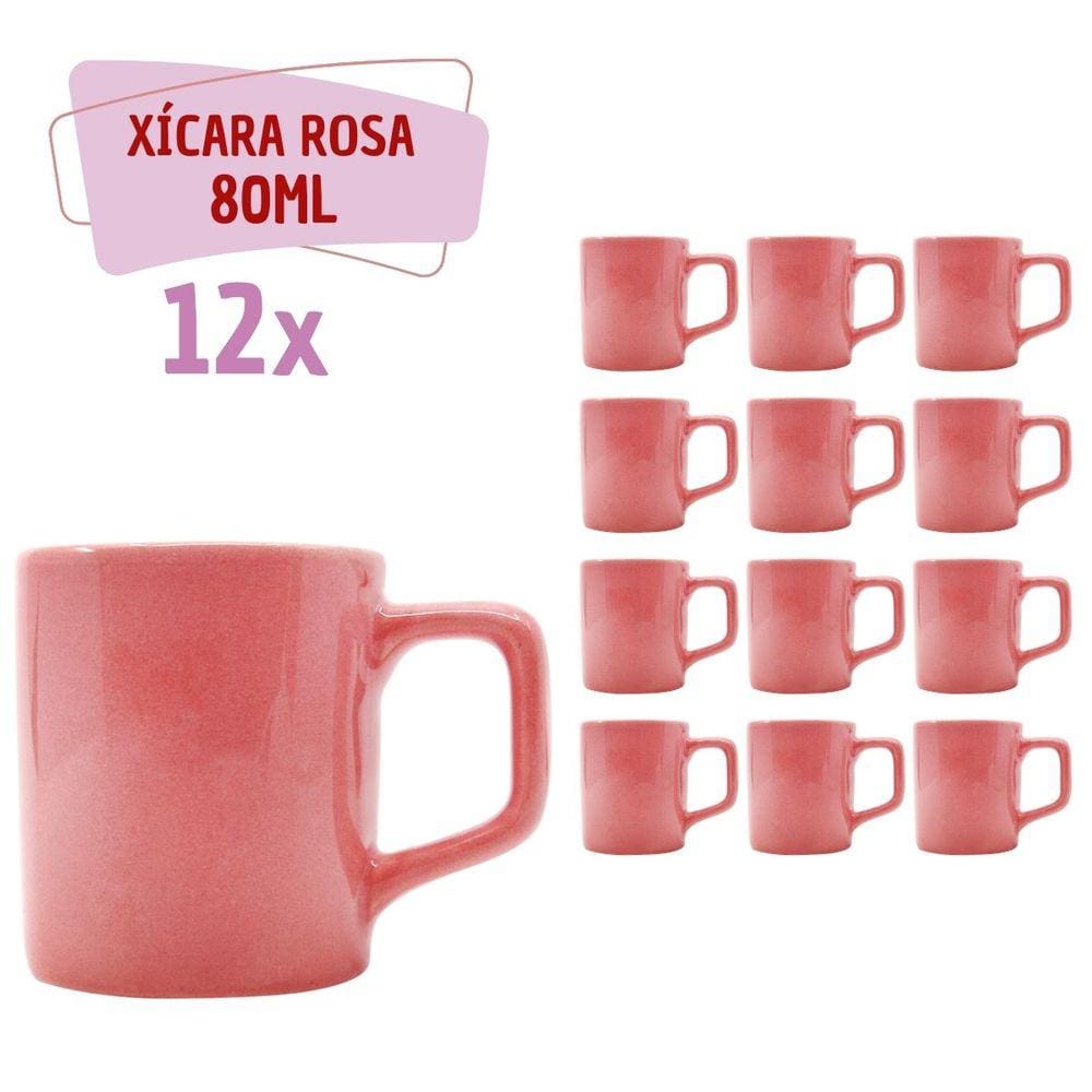 Jogo 12 Xícaras Café Cerâmica Colors 80mL Rosa Vibrante