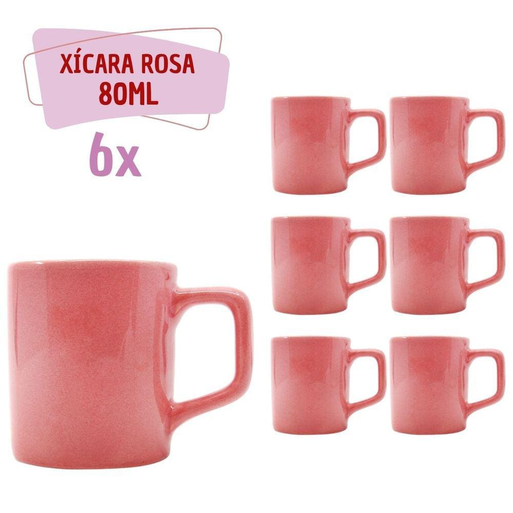 Jogo 6 Xícaras Café Cerâmica Colors 80mL Rosa Vibrante