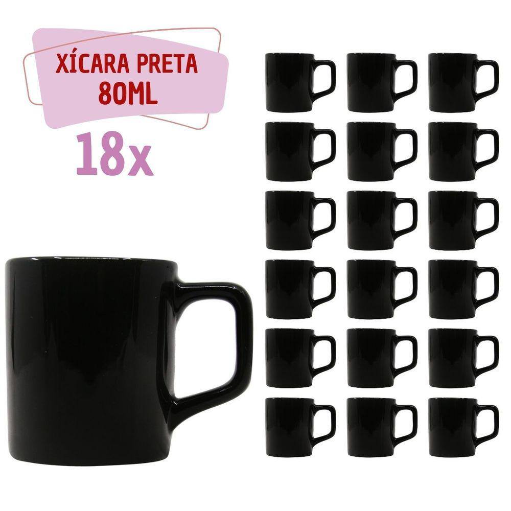 Jogo 18 Xícara Café Cerâmica Colors 80mL Preta Brilhosa