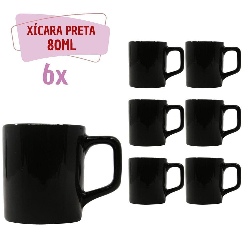 Jogo 6 Xícara Café Cerâmica Colors 80mL Preta Brilhosa