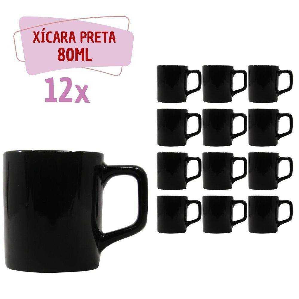 Jogo 12 Xícara Café Cerâmica Colors 80mL Preta Brilhosa