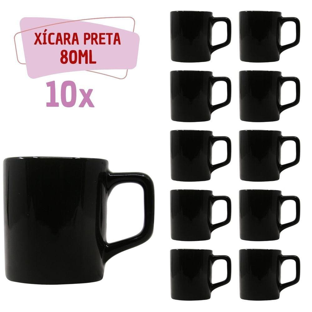 Jogo 10 Xícara Café Cerâmica Colors 80mL Preta Brilhosa