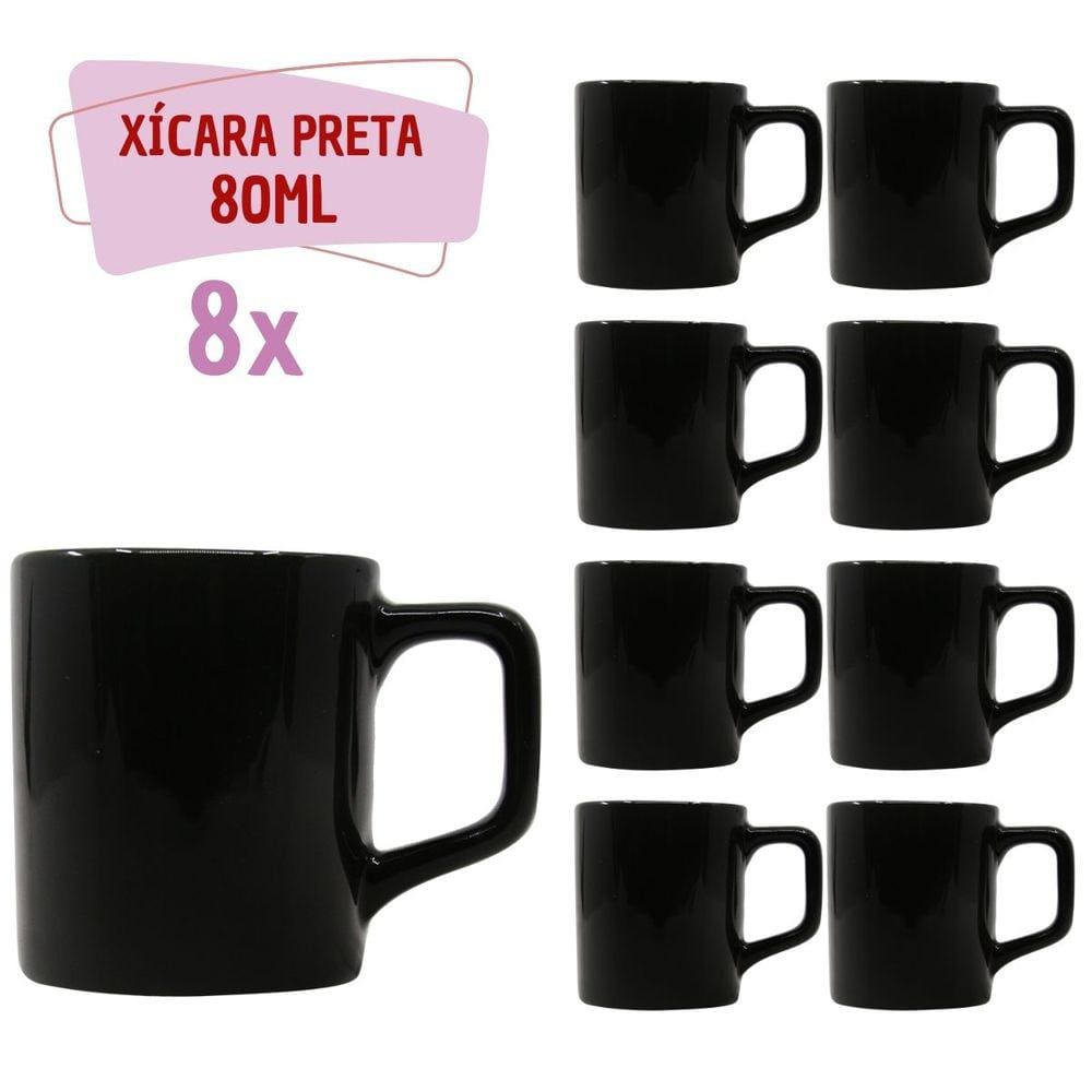 Jogo 8 Xícara Café Cerâmica Colors 80mL Preta Brilhosa
