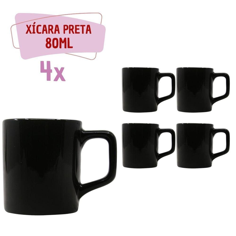 Jogo 4 Xícara Café Cerâmica Colors 80mL Preta Brilhosa