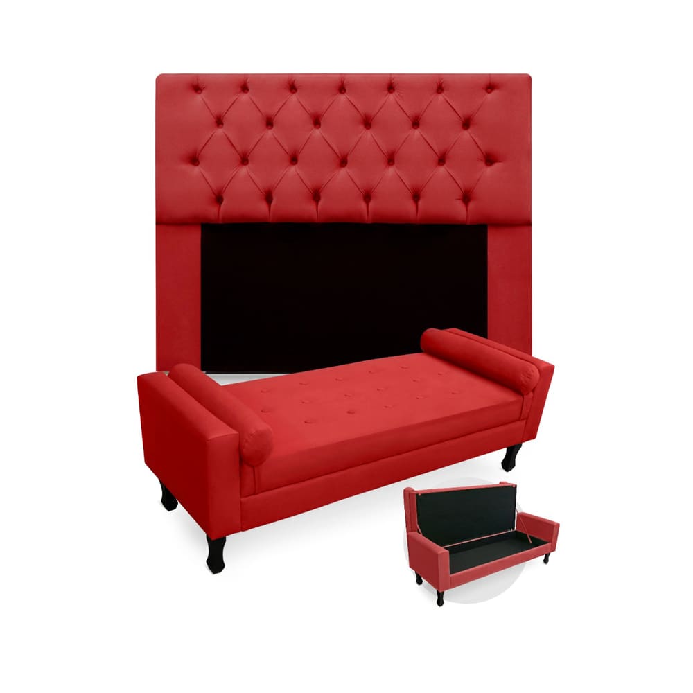 Jogo Com Cabeceira Mirage + Recamier Baú Fenix Queen 160 cm Suede Vermelho - LM DECOR