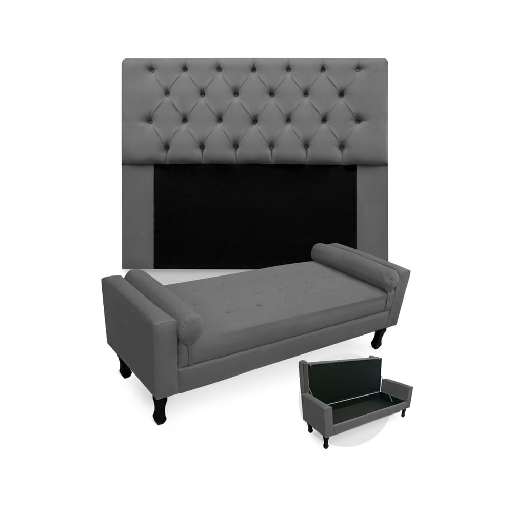 Kit Cabeceira Estofada Mirage E Recamier Baú Fenix Queen 160 cm Suede Cinza - LM DECOR
