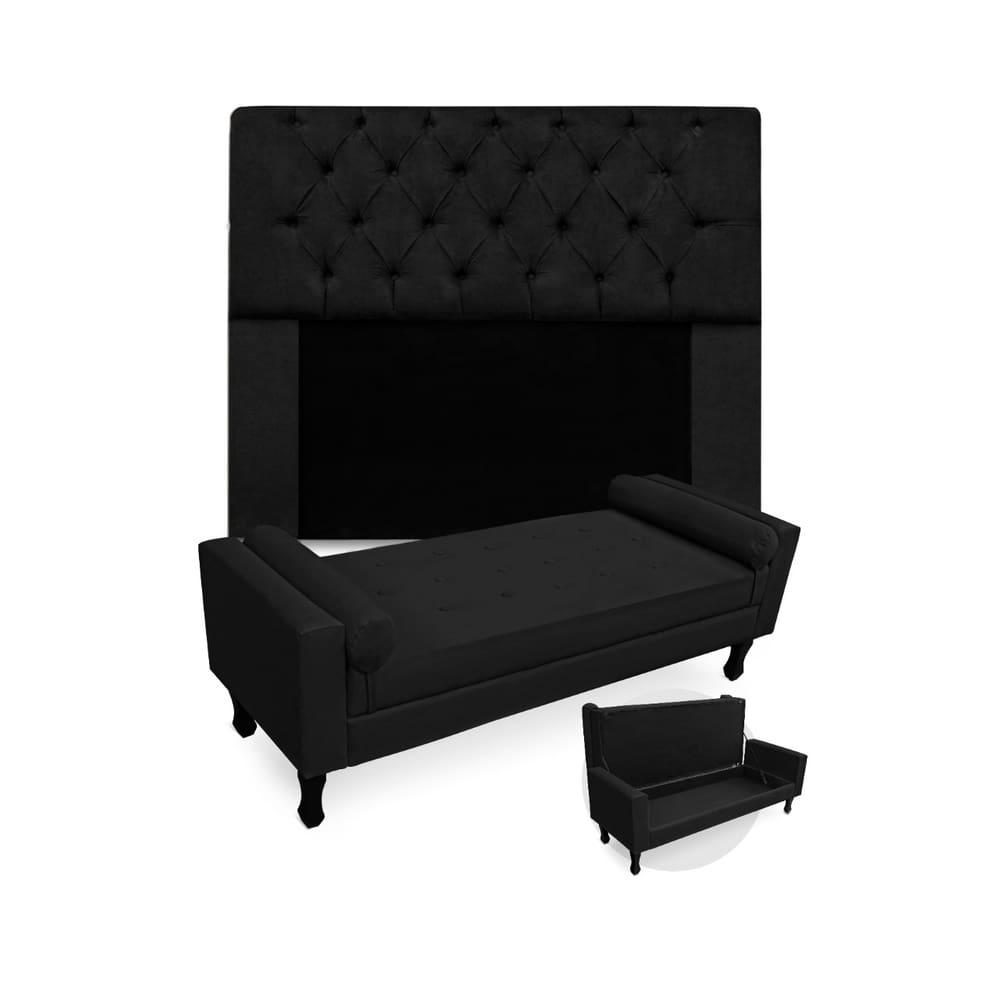 Conjunto Cabeceira Mirage Com Recamier Baú Fenix Queen 160 cm Suede Preto - LM DECOR