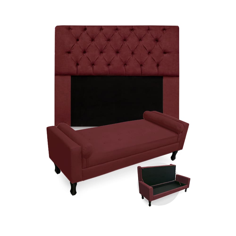 Conjunto Cabeceira Mirage Com Recamier Baú Fenix Queen 160 cm Suede Vermelho Bordo - LM DECOR