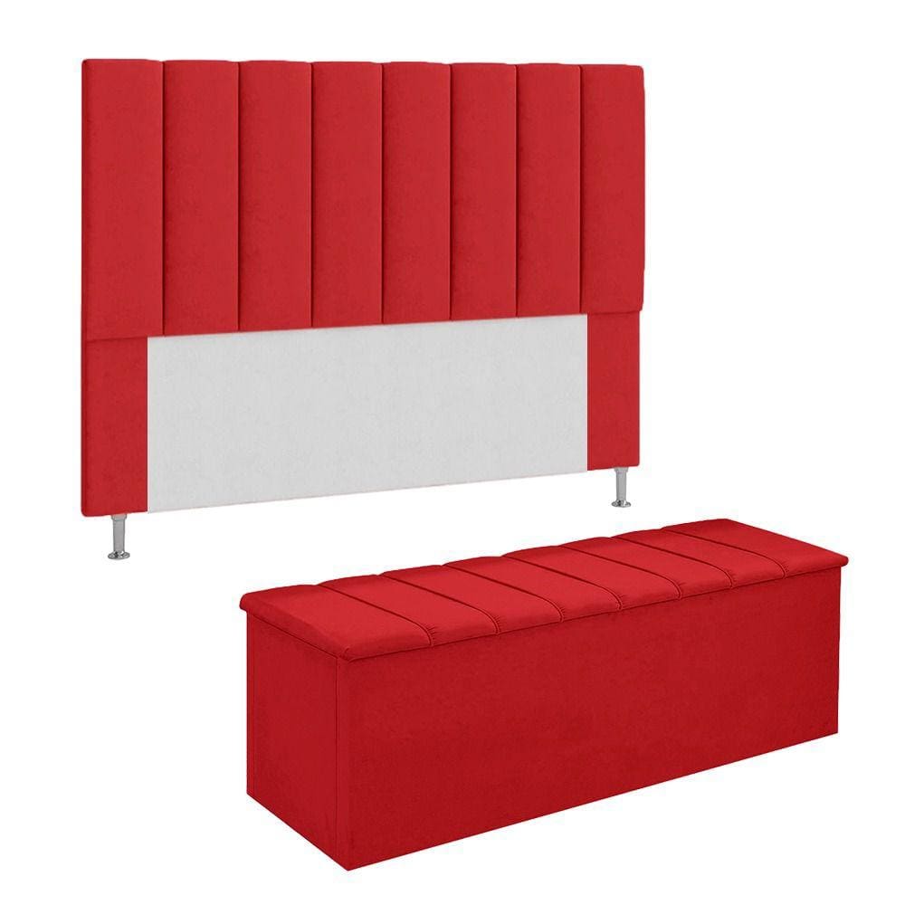 Conjunto Cabeceira E Calçadeira Cancun Para Cama Box Solteiro 90 cm Suede Vermelho - LM DECOR