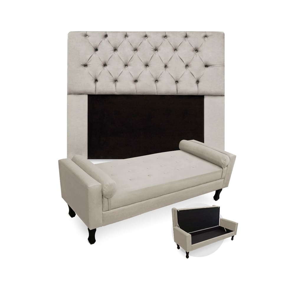 Conjunto Cabeceira Mirage Com Recamier Baú Fenix Queen 160 cm Suede Bege - LM DECOR