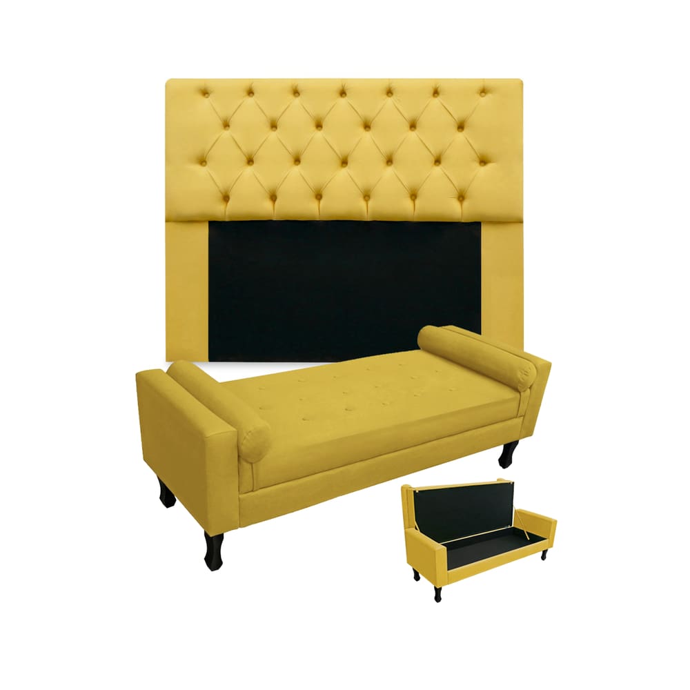 Conjunto Cabeceira Mirage Com Recamier Baú Fenix Queen 160 cm Suede Amarelo - LM DECOR