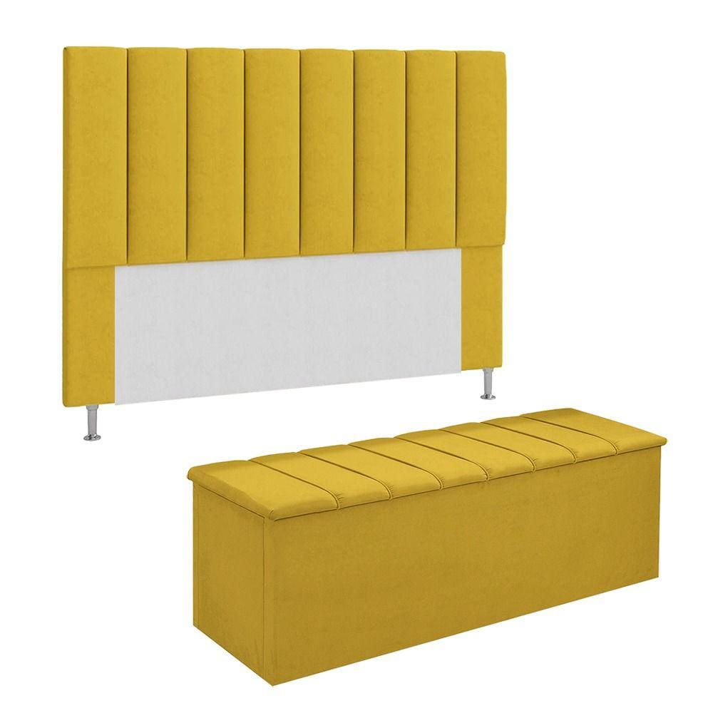 Conjunto Cabeceira E Calçadeira Cancun Para Cama Box Casal 140 cm Suede Amarelo - LM DECOR