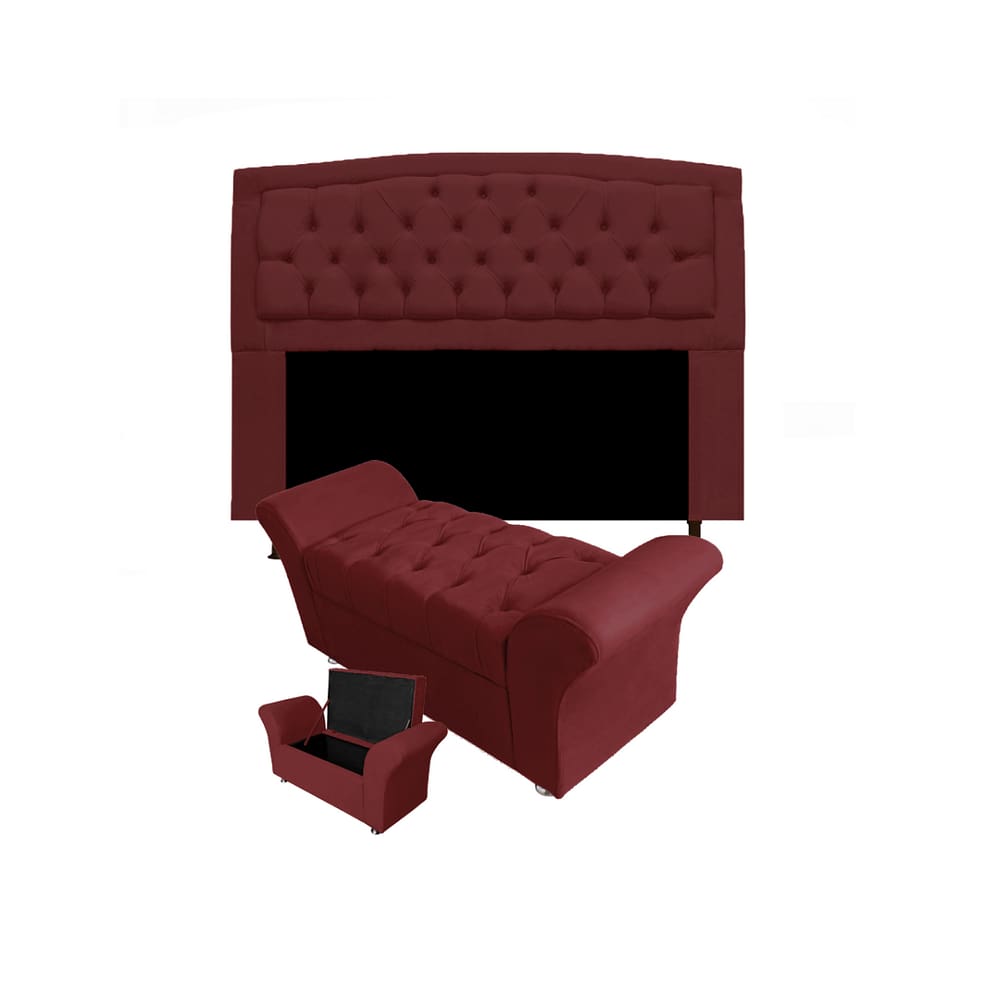 Cabeceira Geovana e Calçadeira Veneza Para Quarto Casal 140cm Suede Vermelho Bordo - LM DECOR