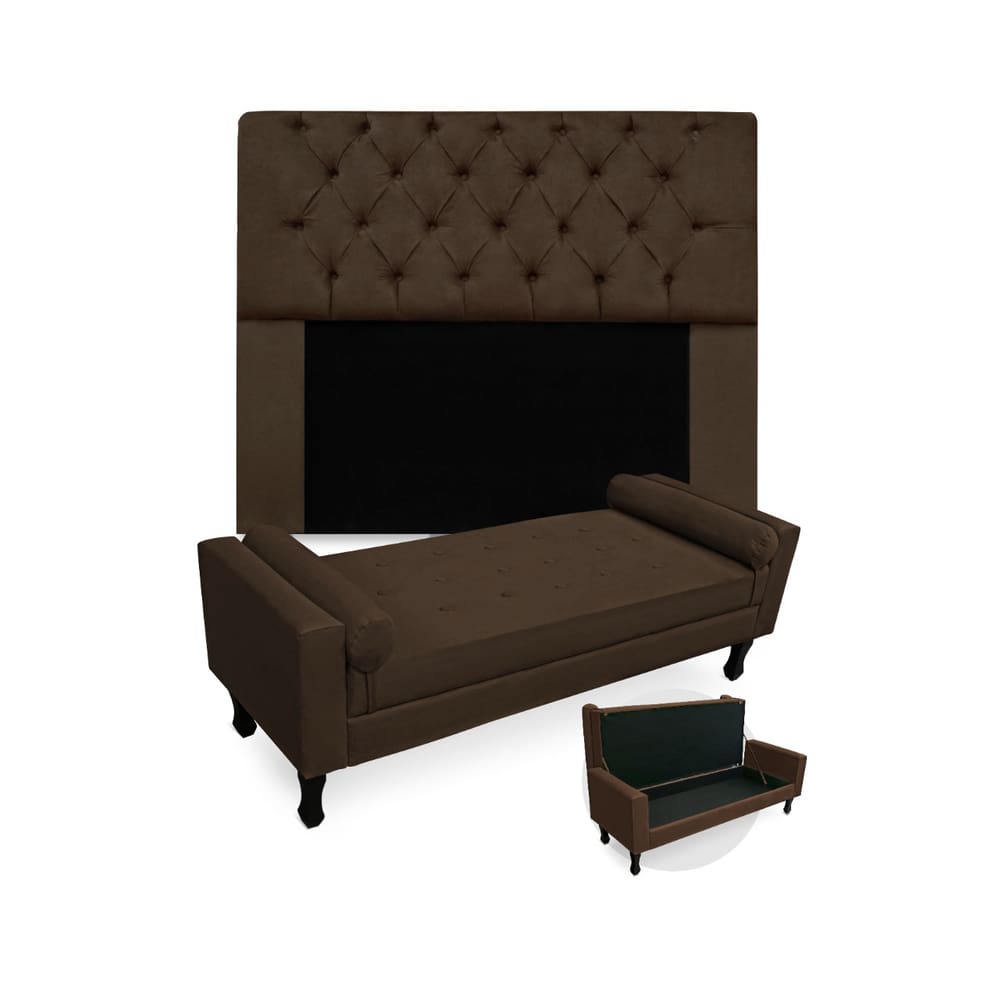Kit Cabeceira Estofada Mirage E Recamier Baú Fenix King 195 cm Suede Marrom - LM DECOR