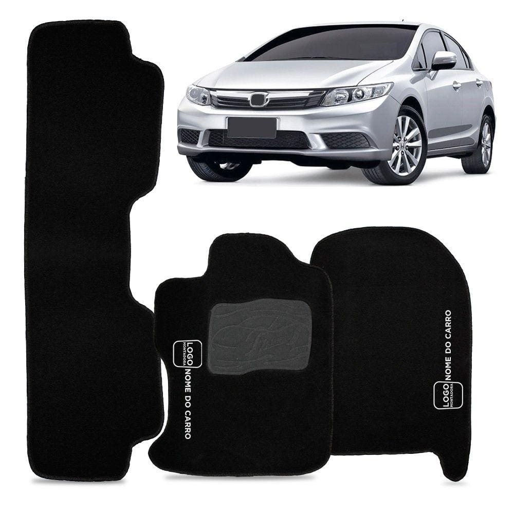 Jogo Tapete Carpete Automotivo New Civic 2007 2008 2009 2010 2011 2012 2013 3 Peças Preto Bordado