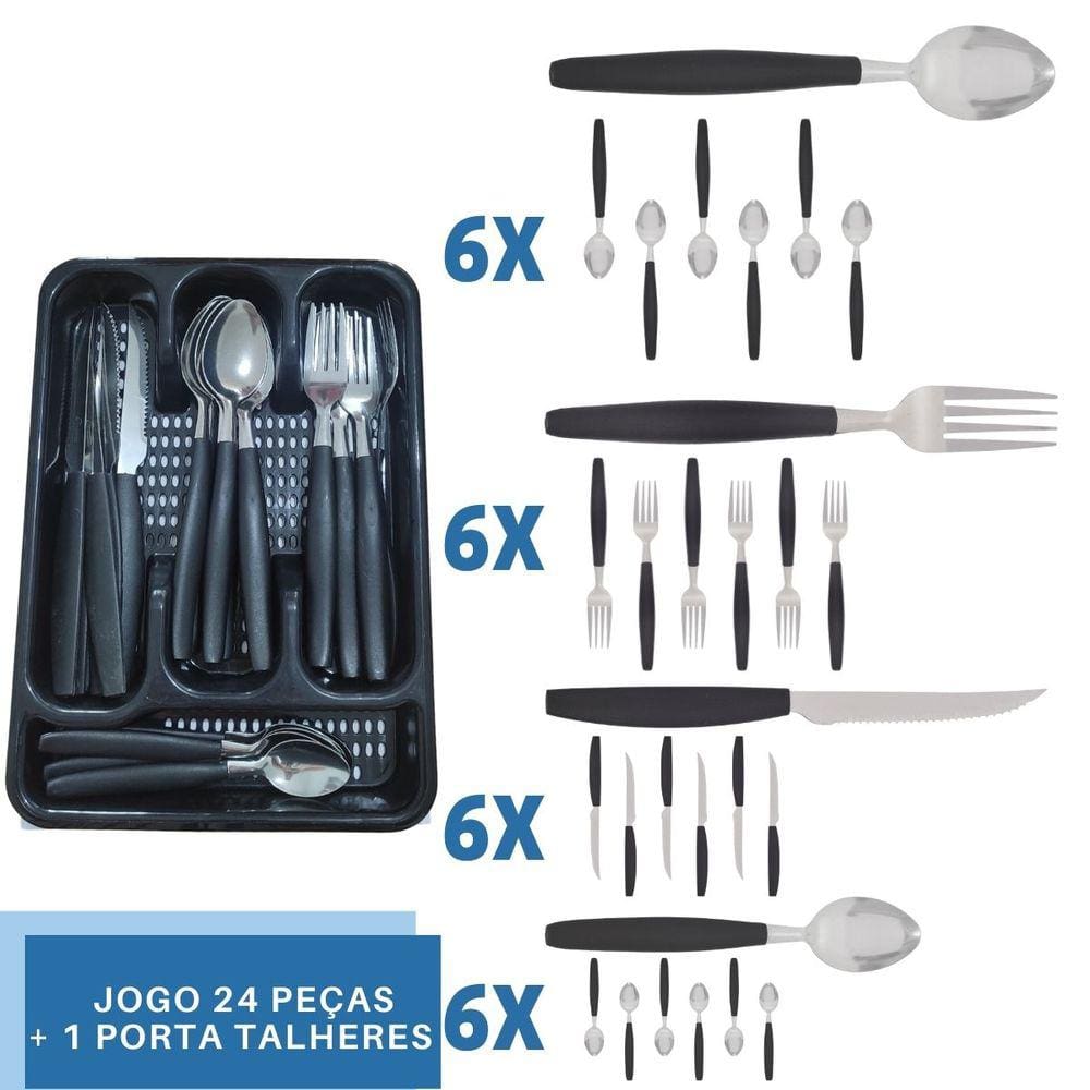 Faqueiro 24 Pçs C/ 1 Porta Talheres Preto Aço Inox Berlim