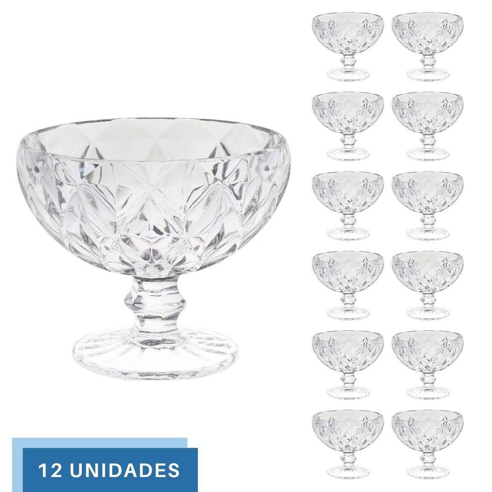 Kit 12 Taças de Sobremesa Diamante Transparente 335mL