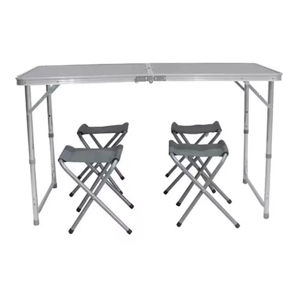 Conjunto Kit Mesa 4 Bancos Dobráveis Aluminio Camping Cinza