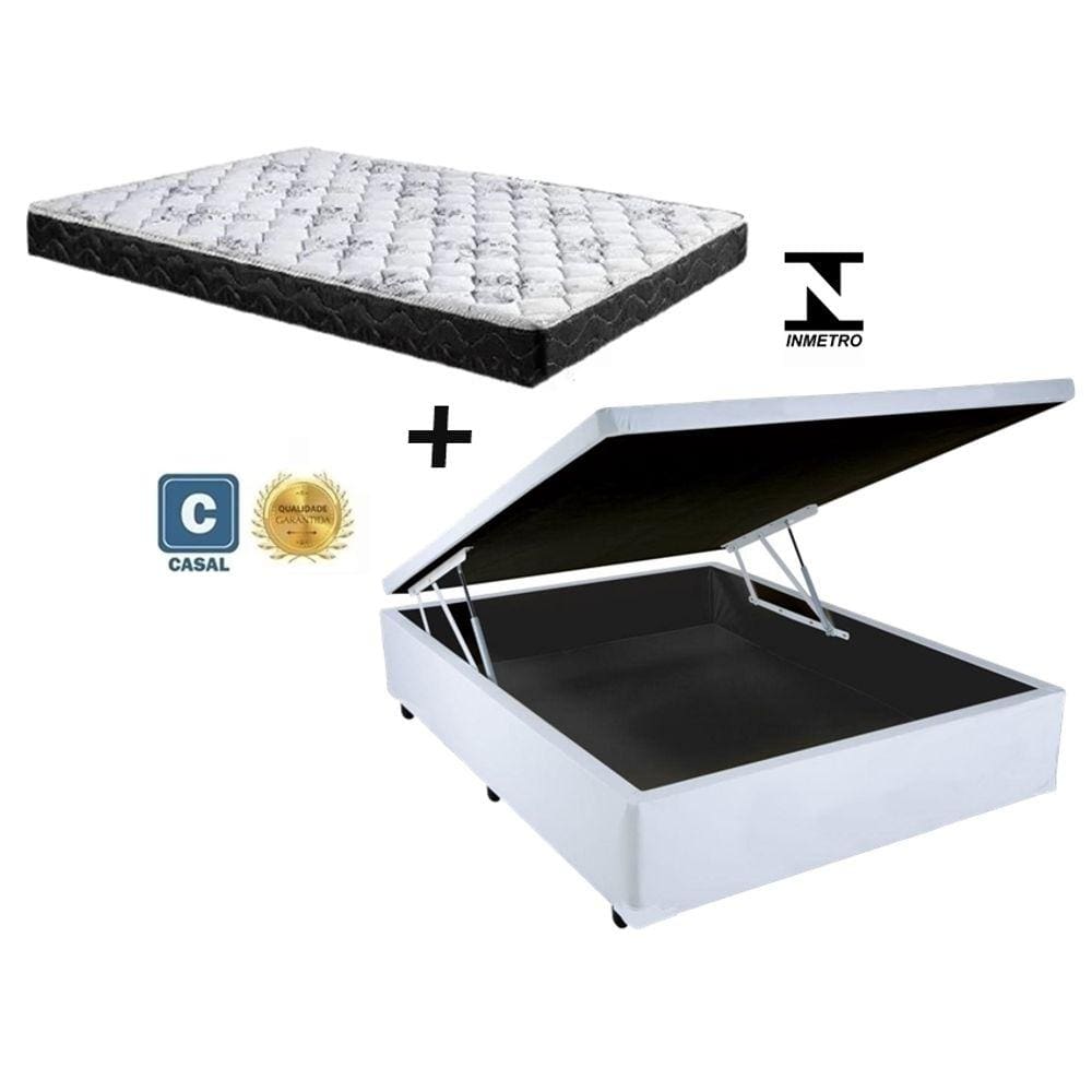 Cama Box Baú Casal Sono Sintético Branco    + Colchão Casal Sono Espuma D33 Com EPS 16x138x188