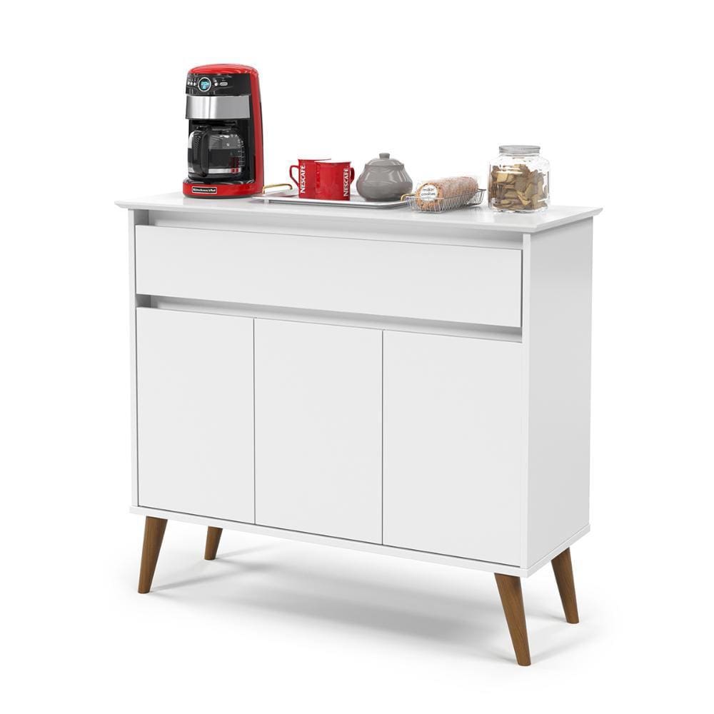 Aparador Buffet 3 Portas Cantinho Café 1 Gaveta Organizadora Balcão Sala Estar Cozinha Zeus - Branco - Lojas RPM