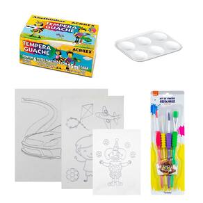 Kit Pintura Infantil no Cavalete c/ 1 Tela, 2pinceis,6guache