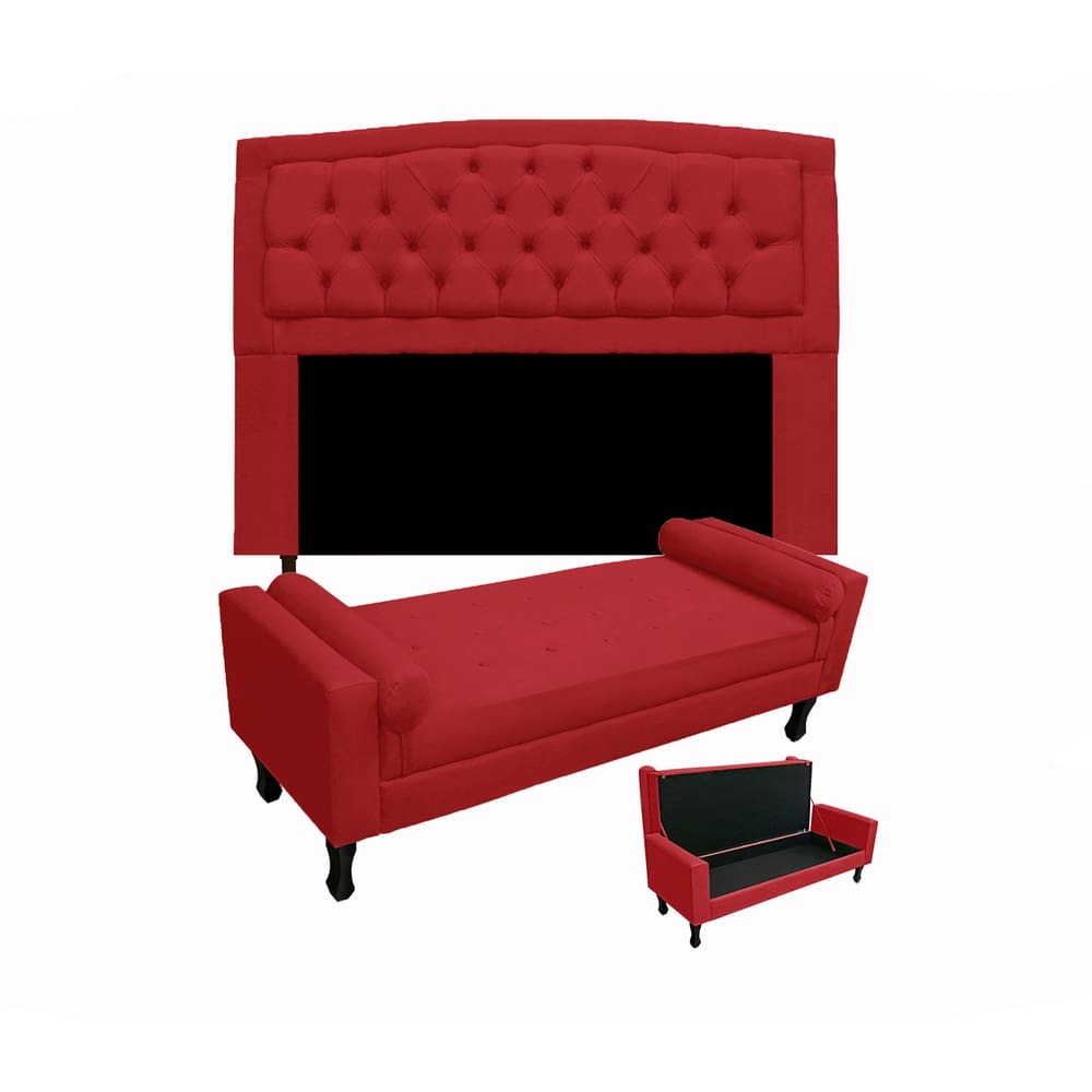Conjunto Cabeceira Geovana + Calçadeira Fênix Casal 140cm Suede Vermelho - LM DECOR