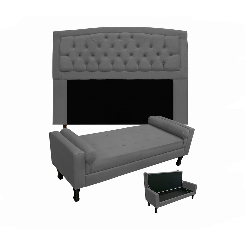 Cabeceira Geovana + Calçadeira Fênix Para Quarto Solteiro 90cm Suede Cinza - LM DECOR
