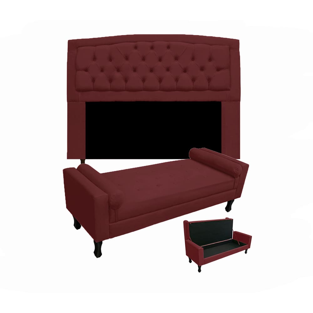 Cabeceira Geovana + Calçadeira Fênix Para Quarto Casal 140cm Suede Vermelho Bordo - LM DECOR